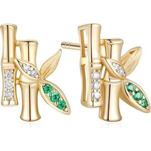 Bamboo Stud Earrings Moissanite Emerald 925 Silver Yellow Gold NWT
